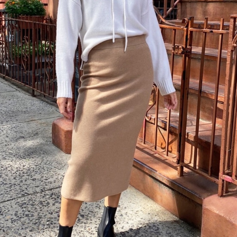 Aritiza Babaton Johan Wool Goat Hair Blend Pencil Camel Midi Skirt